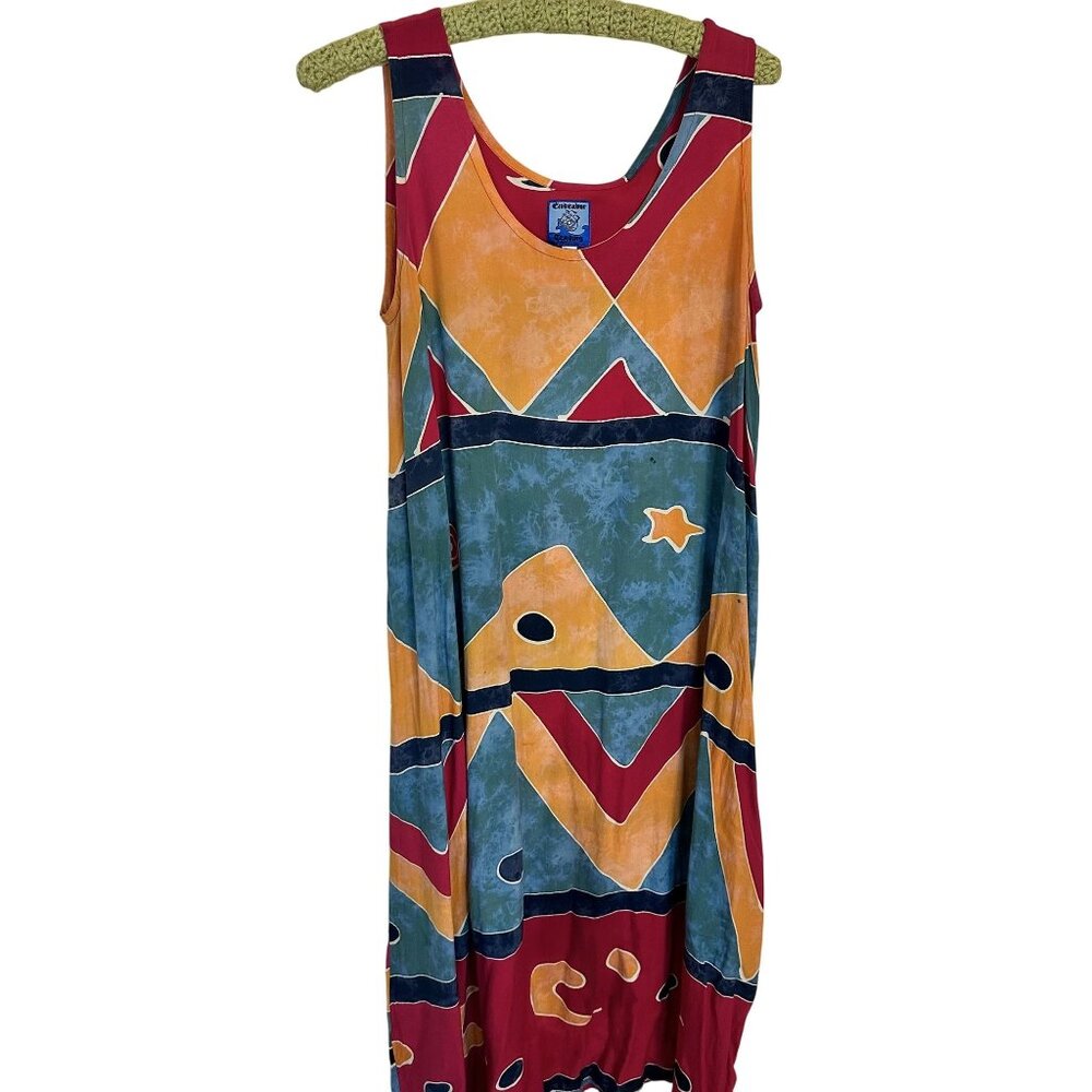 Vtg Womens Endeavor Sleeveless Maxi Dress S/M Colorful Geometric Pattern Boho